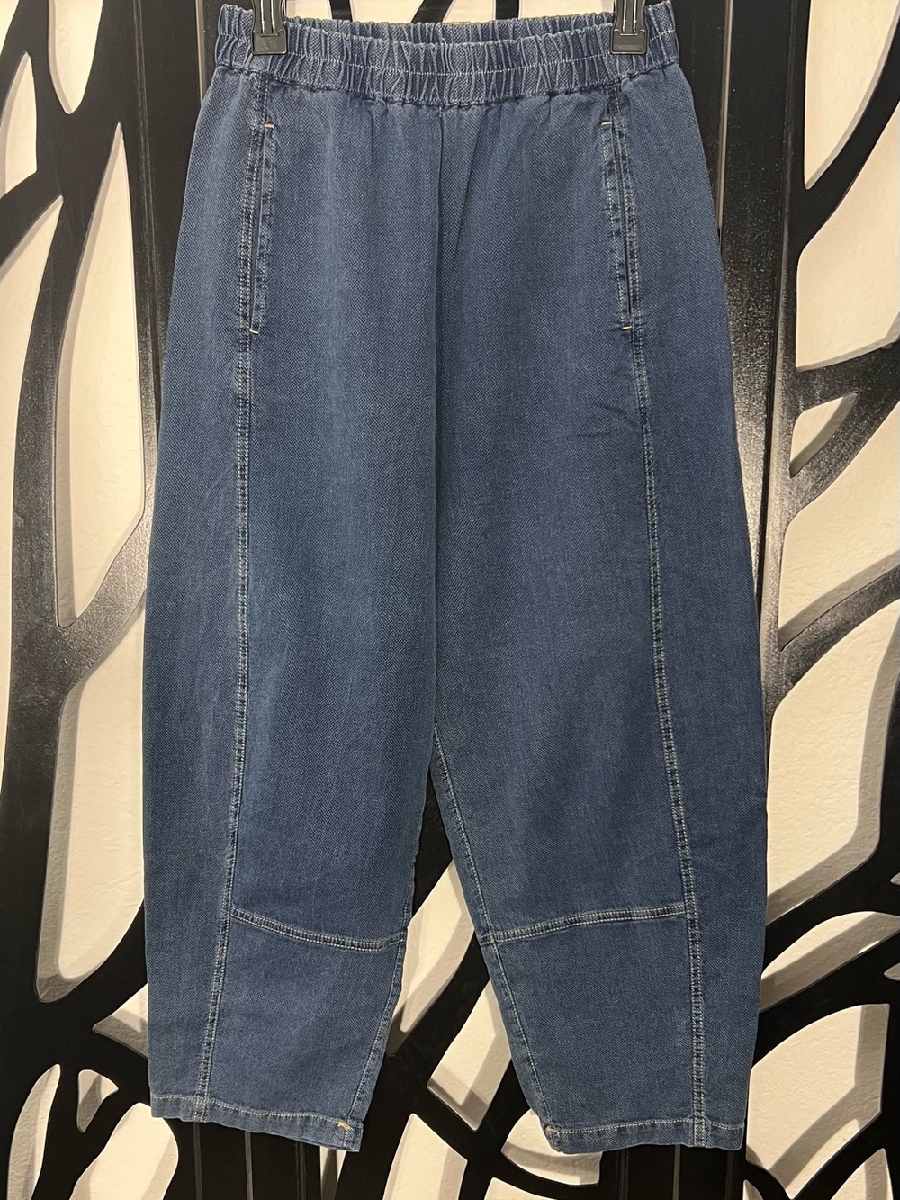 Max Studio Blue Pique Barrel Leg Ankle Pants Elastic Waistband With Pockets M
